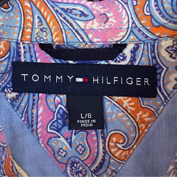 Y2K Tommy Hilfiger Button Down Linen Shirt Madras Patchwork Contrast Cuff Size L - Picture 4 of 8